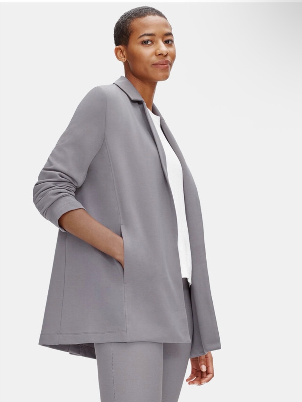 Eileen Fisher Flex Tencel Ponte Notch Collar Gray Open-Front Knit Blazer Jacket